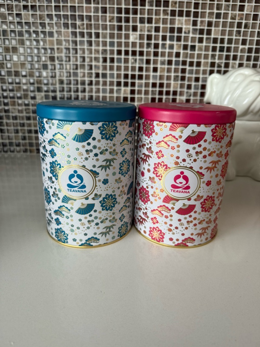 Teavana Two Empty Round Container Tins Pink and Blue